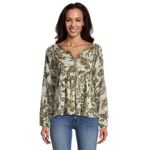 World Market Stella Green & Ivory Embroidered Floral Blouse Cottagecore Boho NWT